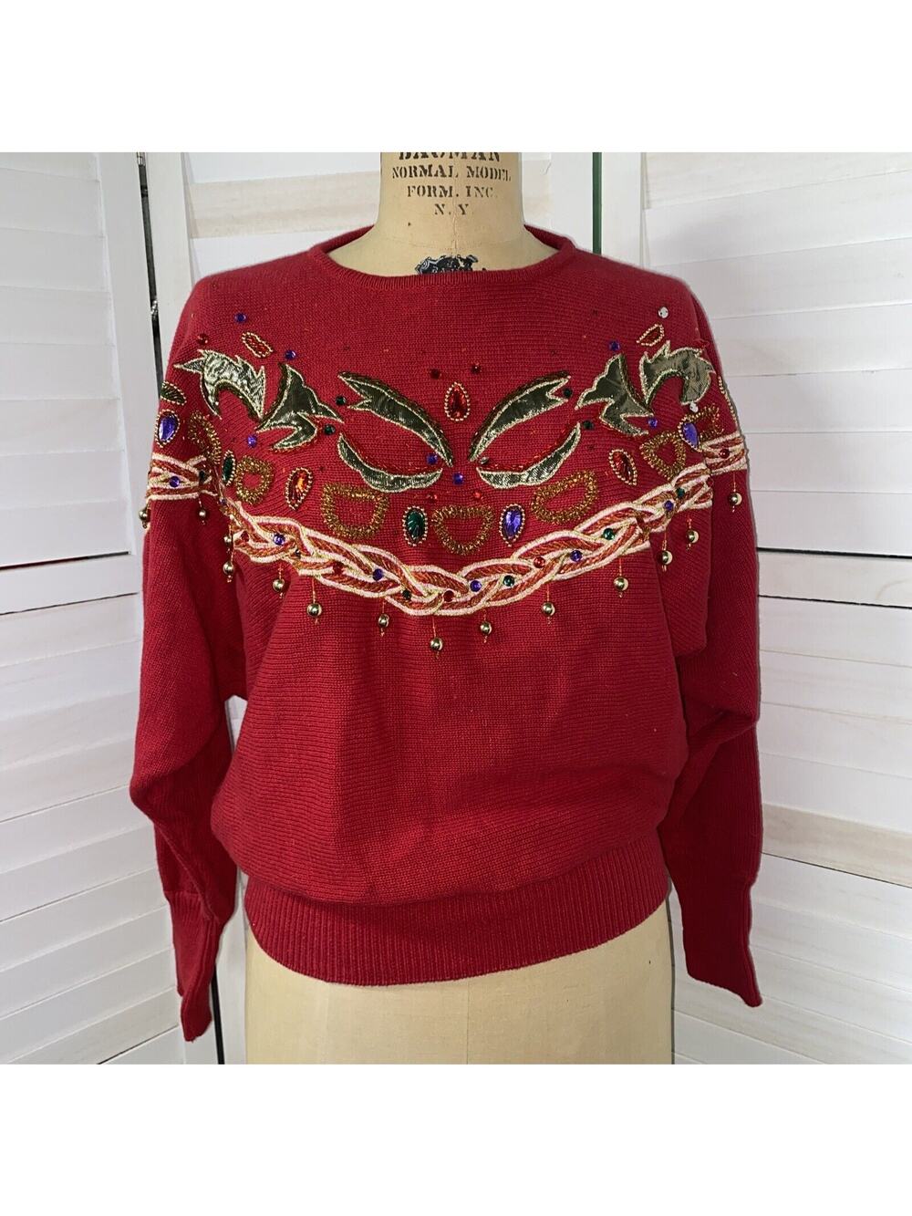 Vtg 1980s Cedars Embellished Red Christmas Sweater Glitter Beads Jewels Small